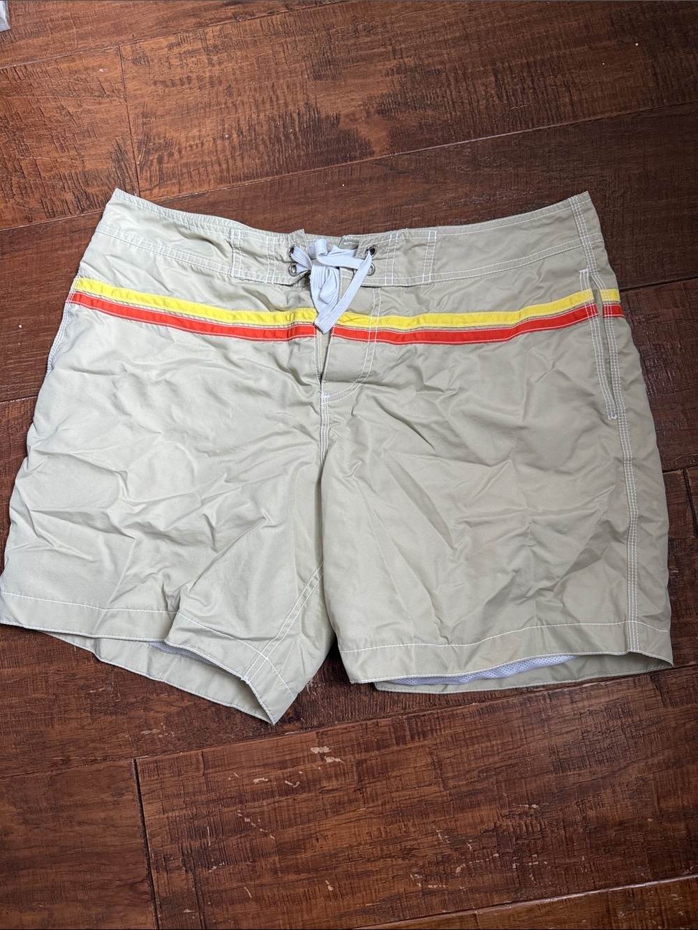 Old Navy Beige Swim Board Shorts with Red & Yellow Stripes